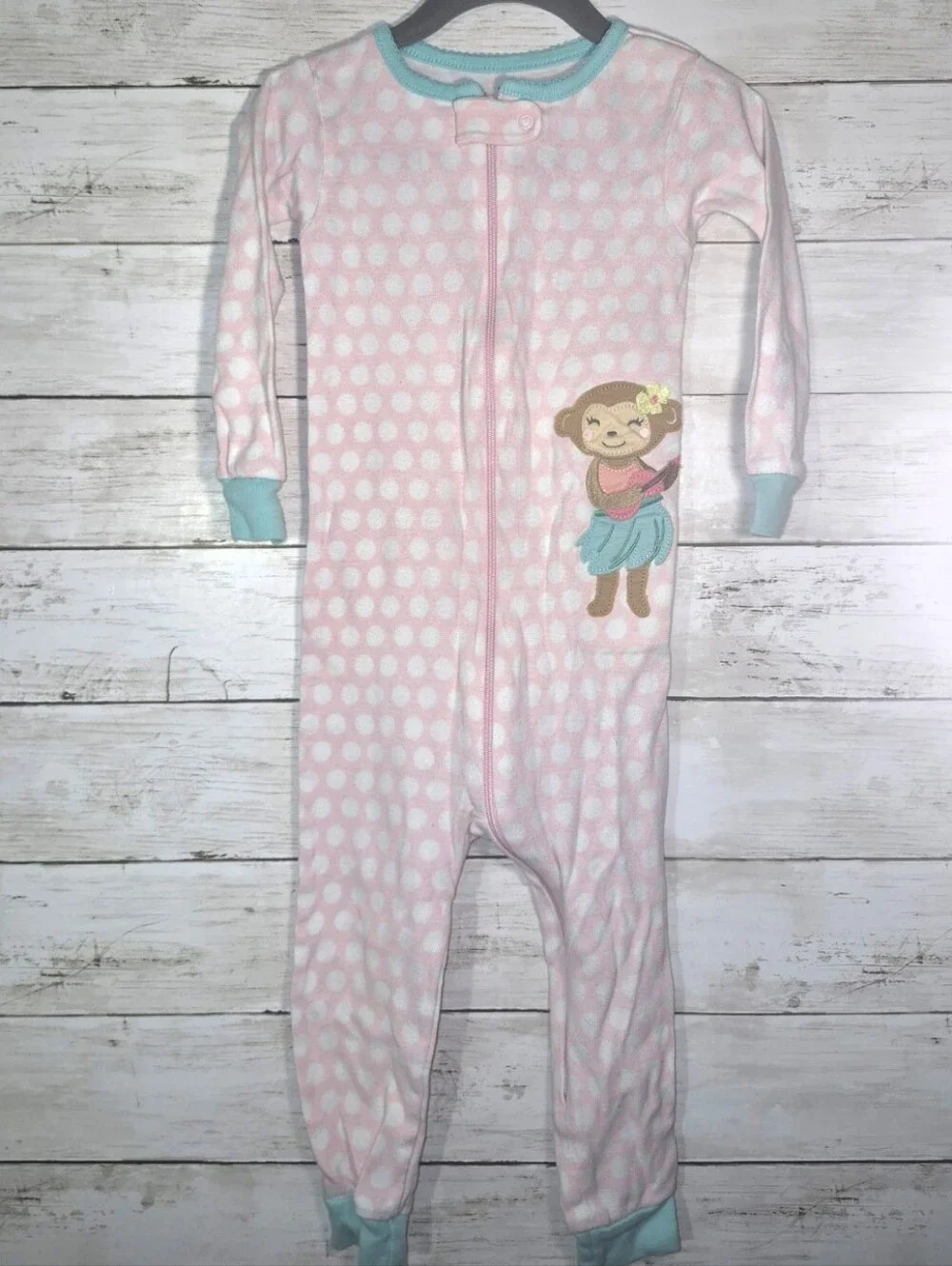 Girls Lightweight Pink Polka Dot One-Piece Pajamas with Monkey Applique Size 2t
